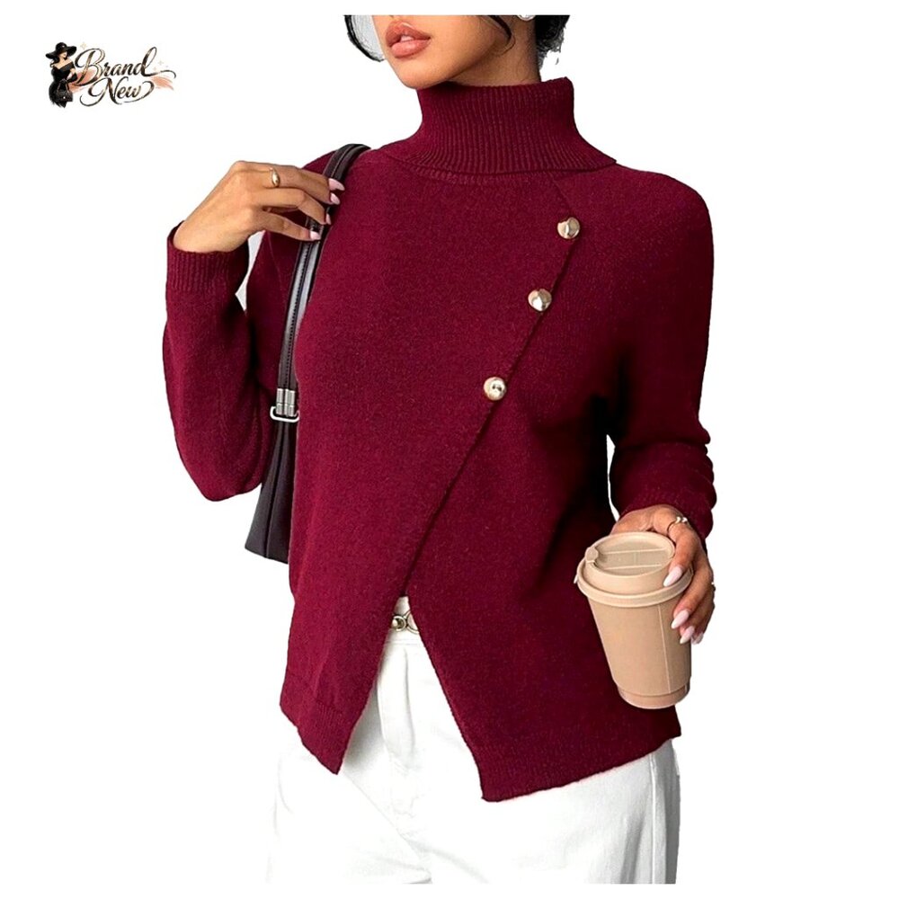 Polyester Knit Button Wrap Turtleneck Pullover Sw… - image 1